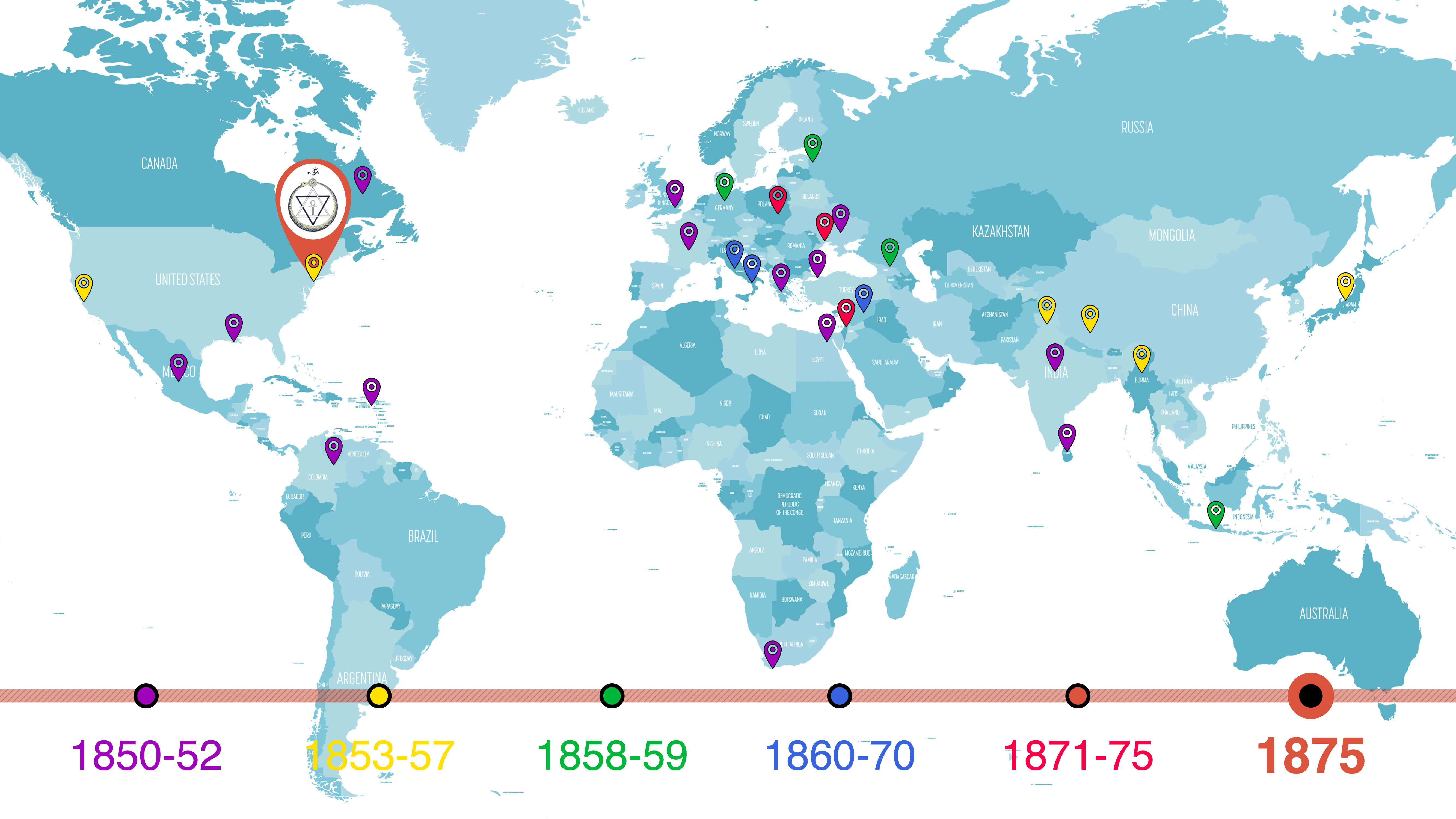Map showing travels of H.P. Blavatsky from 1850 to 1875